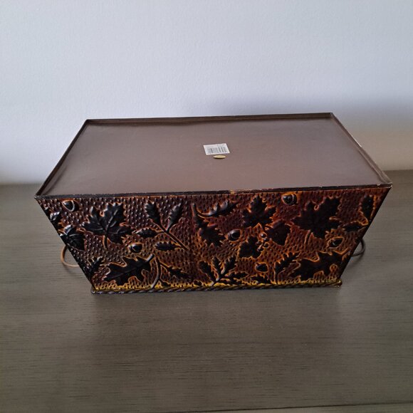 Vintage Distressed Metal Basket Fall Motif Large Ornamental Box with Handles - Picture 8 of 9